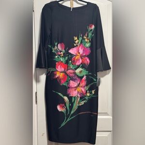 Gabby Skye Black Long Sleeve Floral Sheath Dress with Pink & Green Accents